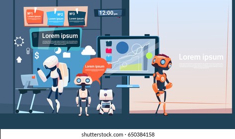 Modern Office Business Robots Group Working, Company Cyborg Team Banner With Copy Space Flat Vector Illustration