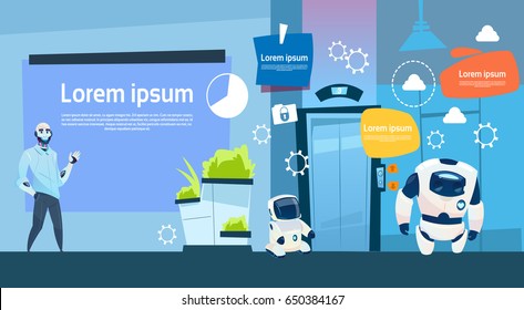 Modern Office Business Robots Group Working, Company Cyborg Team Banner With Copy Space Flat Vector Illustration