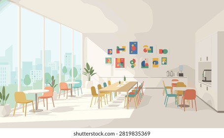 Modern office cafeteria interior featuring dining tables and chairs with a view of the city skyline through large windows.