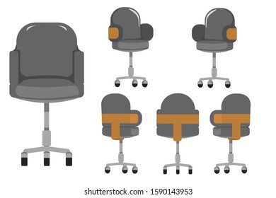 Modern office chair design with different points of view, used for interior design in flat cartoon style.