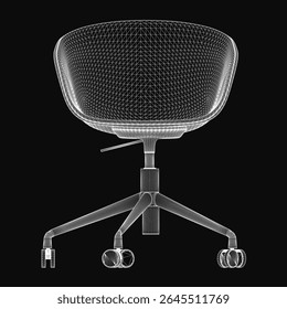 Modern office chair with a sleek, curved backrest and armrests, designed for comfort and mobility. The 3D-rendered model features four smooth-rolling wheels and a realistic texture on a black.