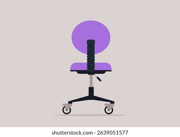 A modern office chair stands prominently, featuring a unique purple backrest and a sleek black base