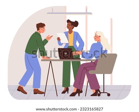 Modern office characters. Group of diverse business people chatting on the meeting or presentation. Team communication and collaboration for a brainstorming. Flat vector illustration