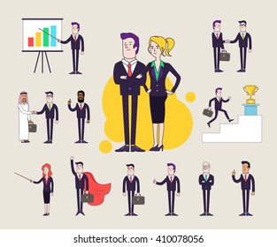 Modern office characters set.  Different poses and situations. Collection of vector illustrations. Linear flat design.