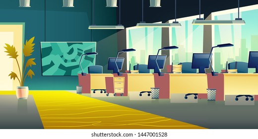 La oficina moderna con los lugares de trabajo de los empleados de la empresa caricatura vectorial vacío interior. Centro de trabajo fila con monitores de ordenador, lámparas, bandejas de papel y pintura abstracta en la ilustración de la pared