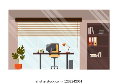 Modern Office, Company Leader Cabinet, Corporate Workplace Interior Flat Vector with Comfortable Armchair near Work Desk, Jalousie on Window, Paper Binders on Rack and Plant in Flowerpot Illustration