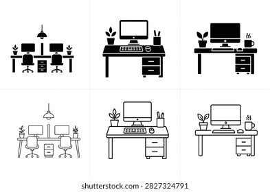 Modern Office Computer Workstation and Shared Desk Line and Glyph Vector Icon Set