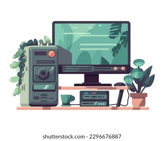 Modern office design with computer equipment and plants icon