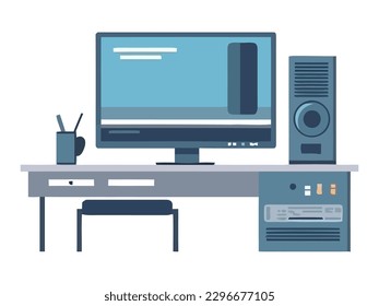 Modern office design with computer equipment backdrop icon