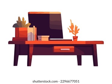 Modern office design with computer and plant icon isolated