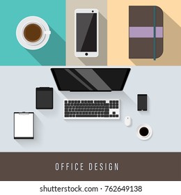 Modern office design With a desk, top view, flat design style, vector illustration