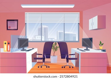 Modern office design, Empty working area with no people, Modern office interior, Skyscraper office with city view, Office interior Square background.