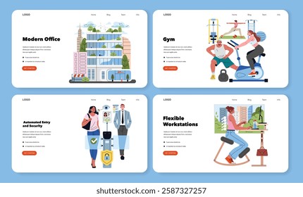 Modern office design integrating green architecture and flexible workspaces to enhance productivity. Features co-working areas, advanced technology, and vibrant environments that promote collaboration