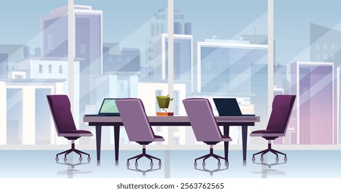 Modern office design with outdoor visual, Empty working area with no people, Modern office interior, Office with city view, Office interior horizontal background.