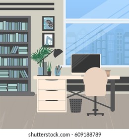 Modern office design. Workplace with big window, desktop, modern monitor, furniture in interior. Vector illustration in flat minimalistic design, website banner.