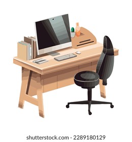 Modern office with desk, chair and computer icon isolated