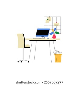 Modern Office Desk With Computer And Office Chair In Flat Vector Illustration Symbolizing Workstation Setup, Productivity, And Office Organization, Isolated On White Background