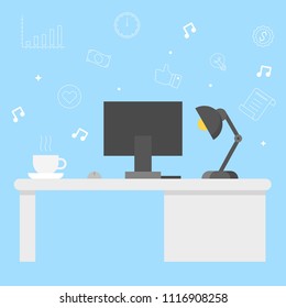 Modern Office desk with computer, coffee and lamp with background of business icon and music note, good atmosphere concept