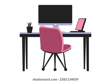 modern Office Desk and Computer Vector Illustration