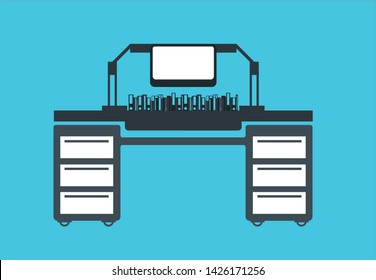 Modern office desk with documents maps and computer