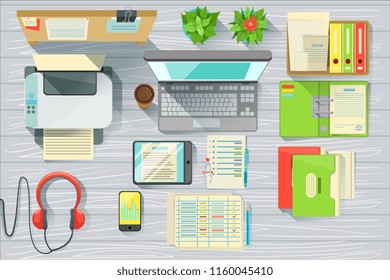 Modern Office Desk Elements Set View From Above