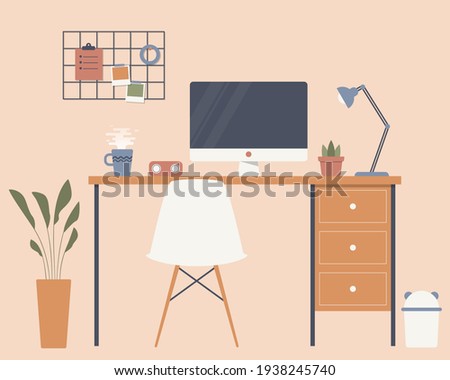 Modern Office Desk Flat Design Illustration