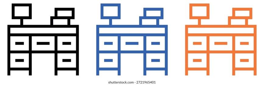 Modernes Büroschreibtischsymbolset mit Monitor und Schubladen in verschiedenen Farben für digitales Design