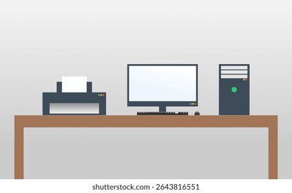 Modern Office Desk Setup with Computer, Printer, and Monitor, A Flat Vector Illustration