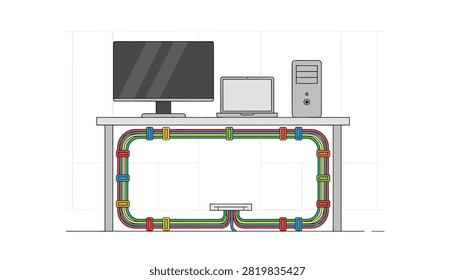 Modern office desk setup featuring monitor, laptop, computer tower, and organized cables.
