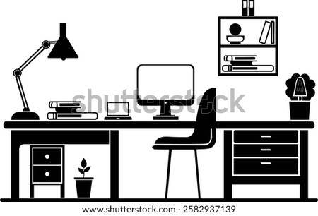 modern office desk vector silhouette, smart desk furniture, bookshelf, desktop, icon
