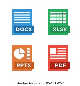 modern office electronic documents file formats DOCX XLSX PPTX PDF, colorful vector icons set