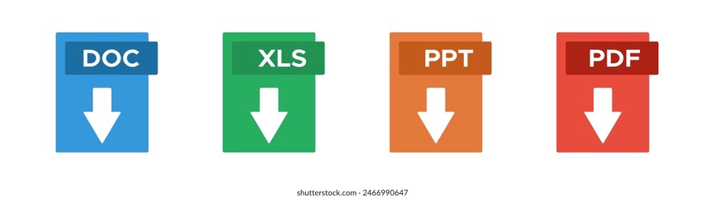 modern office electronic documents file formats DOC XLS PPT PDF, download symbol, colorful vector icons set