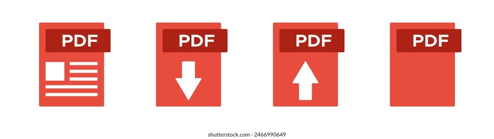 modern office electronic documents file formats PDF, upload download arrow symbol, blank page pictogram, red vector icons set