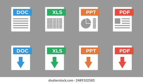 Moderne Office-elektronische Dokumente Dateiformate DOC XLS PPT PDF, herunterladenes Symbol, bunte Vektor-Icons Set