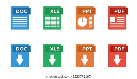 documentos electrónicos de oficina modernos formatos de archivo DOC XLS PPT PDF, símbolo de Descarga, conjunto de iconos vectoriales de colores