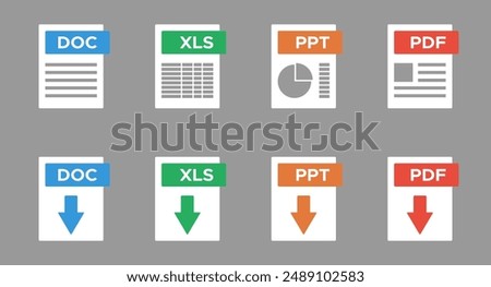 modern office electronic documents file formats DOC XLS PPT PDF, download symbol, colorful vector icons set