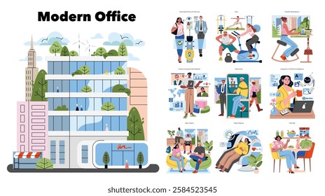 Modern office environment designed for productivity and wellness. Features flexible workstations, gym facilities, and technology integration. Highlights collaboration zones and healthy lifestyle