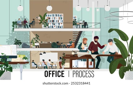 Modern office environment illustration featuring a diverse team of professionals engaging in various work activities. Vector illustration