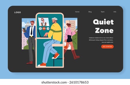Modern office environment illustration representing a "Quiet Zone" concept. Features professionals engaged in virtual meetings and mobile tasks, highlighting work-life balance in a contemporary