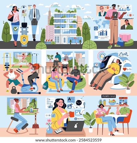 Modern office environment reflecting diverse activities and wellness initiatives. Features teamwork, fitness, relaxation spaces, technology usage, and healthy dining options. Engages on productivity