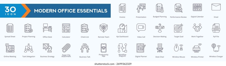 Conjunto de Imágenes vectoriales de esquema de colección de iconos de Essentials de oficina modernos.
Contiene varias facturas, presentaciones, planificación presupuestaria, revisión de rendimiento, correo electrónico y más.
para el conjunto de iconos Web.