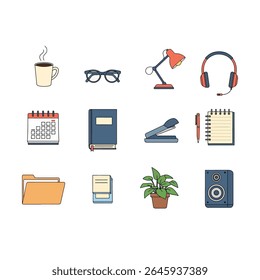 Escritório e Finanças Modernos: Conjunto Coleção de Objetos, Conjunto de escritório vetorial, finanças, trabalho em casa. Objeto de ilustrações flat 2D. objeto isolado