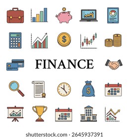 Escritório e Finanças Modernos: Conjunto Coleção de Objetos, Conjunto de escritório vetorial, finanças, trabalho em casa. Objeto de ilustrações flat 2D. objeto isolado