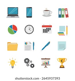 Escritório e Finanças Modernos: Conjunto Coleção de Objetos, Conjunto de escritório vetorial, finanças, trabalho em casa. Objeto de ilustrações flat 2D. objeto isolado