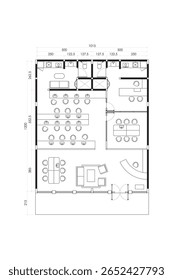 Planta moderna para o escritório. Layouts com Recepção, Espaços de Trabalho, Sala de Reunião e Instalações. 16º