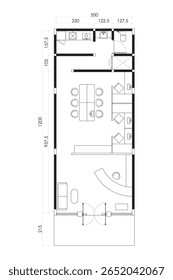Plano de Chão de Escritório Moderno com Recepção, Sala de Reunião, e Kitchenette - Top View Blueprint. 4.