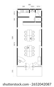 Plano de Chão de Escritório Moderno com Recepção, Sala de Reunião, e Kitchenette - Top View Blueprint. 3.