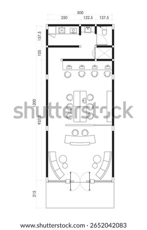 Modern Office Floor Plan with Reception, Meeting Room, and Kitchenette - Top View Blueprint. 6