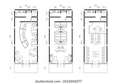 Conjunto de planta de escritório moderno - 3 layouts diversificados com recepção, espaços de trabalho e comodidades. 12