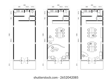 Conjunto de planta de escritório moderno - 3 layouts diversificados com recepção, espaços de trabalho e comodidades. 10.